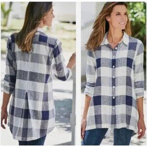 Soft Surroundings Blue & White Carreaux Plaid Button-Up Shirt – Zipper Back
